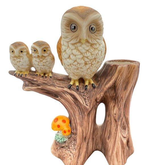 Vtg 70s Ardco Owl Family Bisque Porcelain Planter Bud Vase Tree Stump Mushroom - Picture 1 of 14